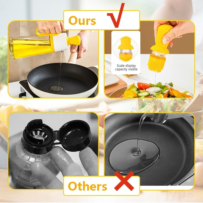 200/550ML Oil Dispenser With Silicon Brush BBQ Oil Spray Glass Bottle Silicone for Barbecue 2 In 1 Kitchen BBQ Accessories Cook