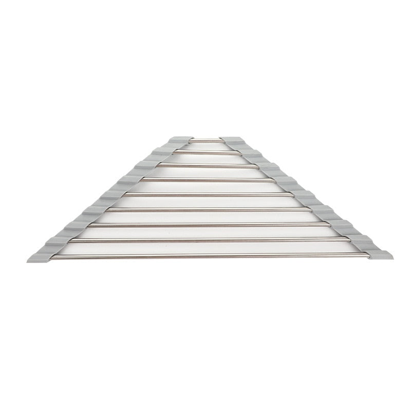 Triangle Dish Drying Rack for Sink Corner Roll Up Caddy Sponge Holder Foldable Stainless Steel Dish Drainer Shelf Organizer
