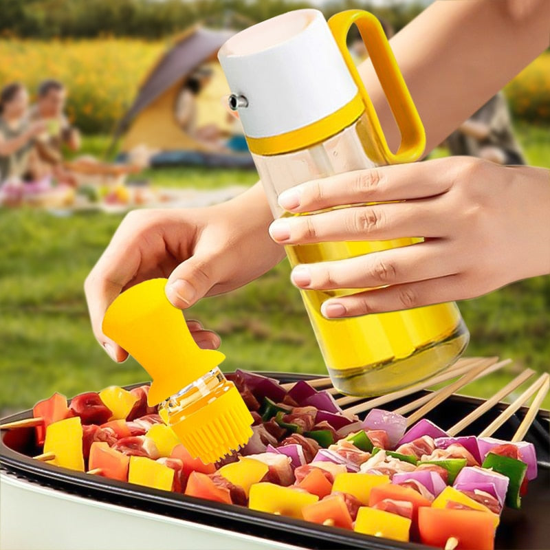 200/550ML Oil Dispenser With Silicon Brush BBQ Oil Spray Glass Bottle Silicone for Barbecue 2 In 1 Kitchen BBQ Accessories Cook